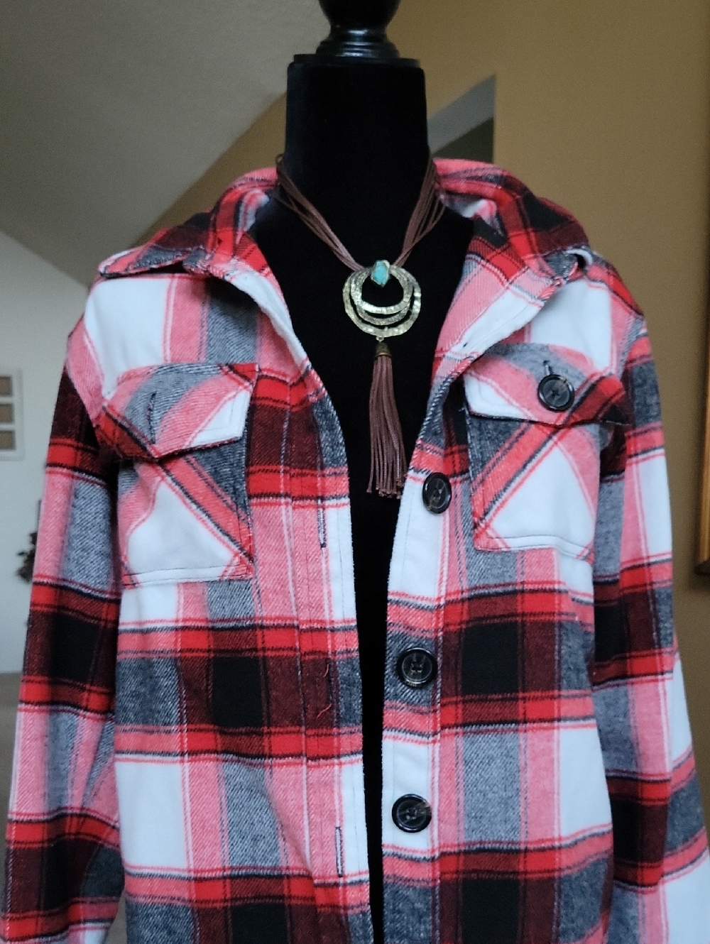 Steve Madden Red Black White Plaid Utility Shacket